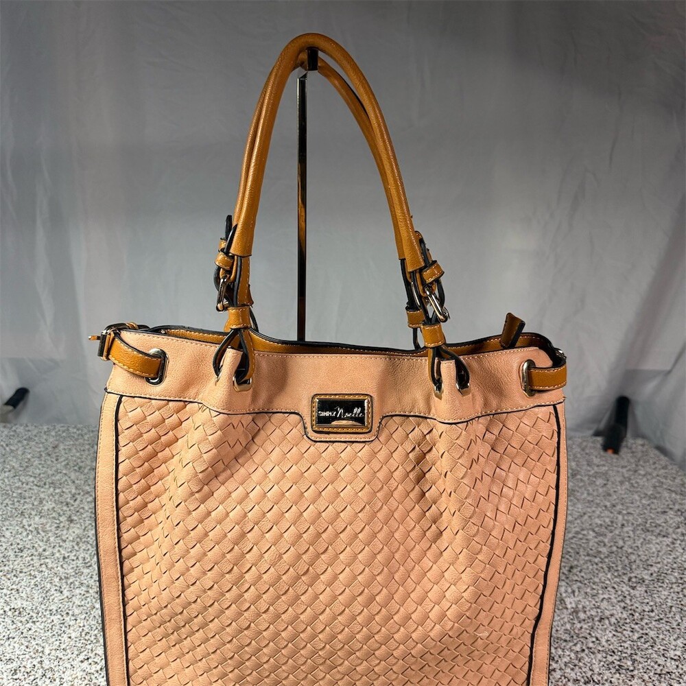 Simply Noelle Shoulder Tote Bag Womens Large Tan Cognac Woven Center Zip